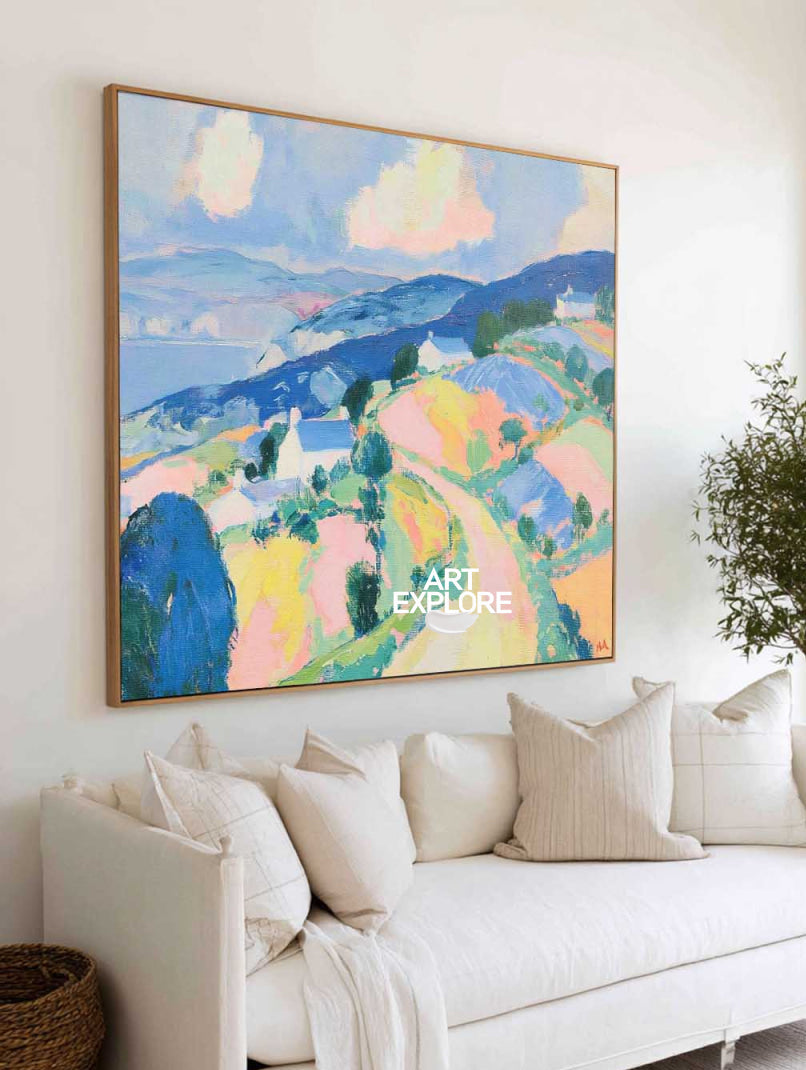 Hand-Painted Abstract Hills Landscape Canvas Painting With Blue And Pink Tones