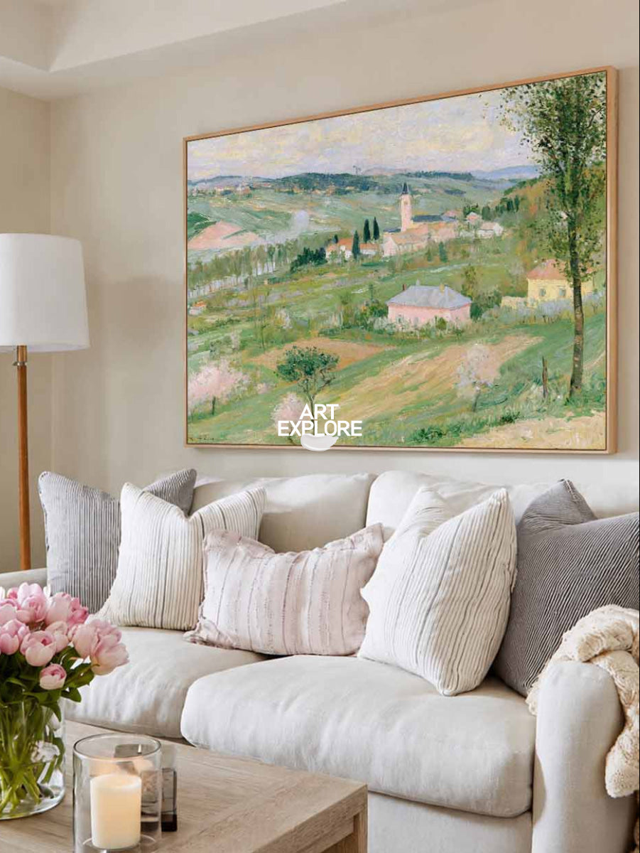 Hand-Painted Abstract Green And Pink Countryside Impressionist Landscape Canvas Art
