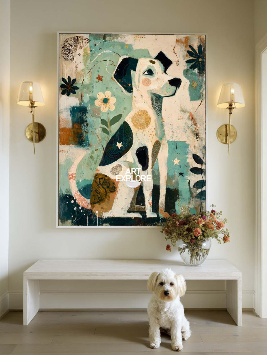 Abstract Dog Painting With Floral Motifs In Beige And Teal For Living Room Decor
