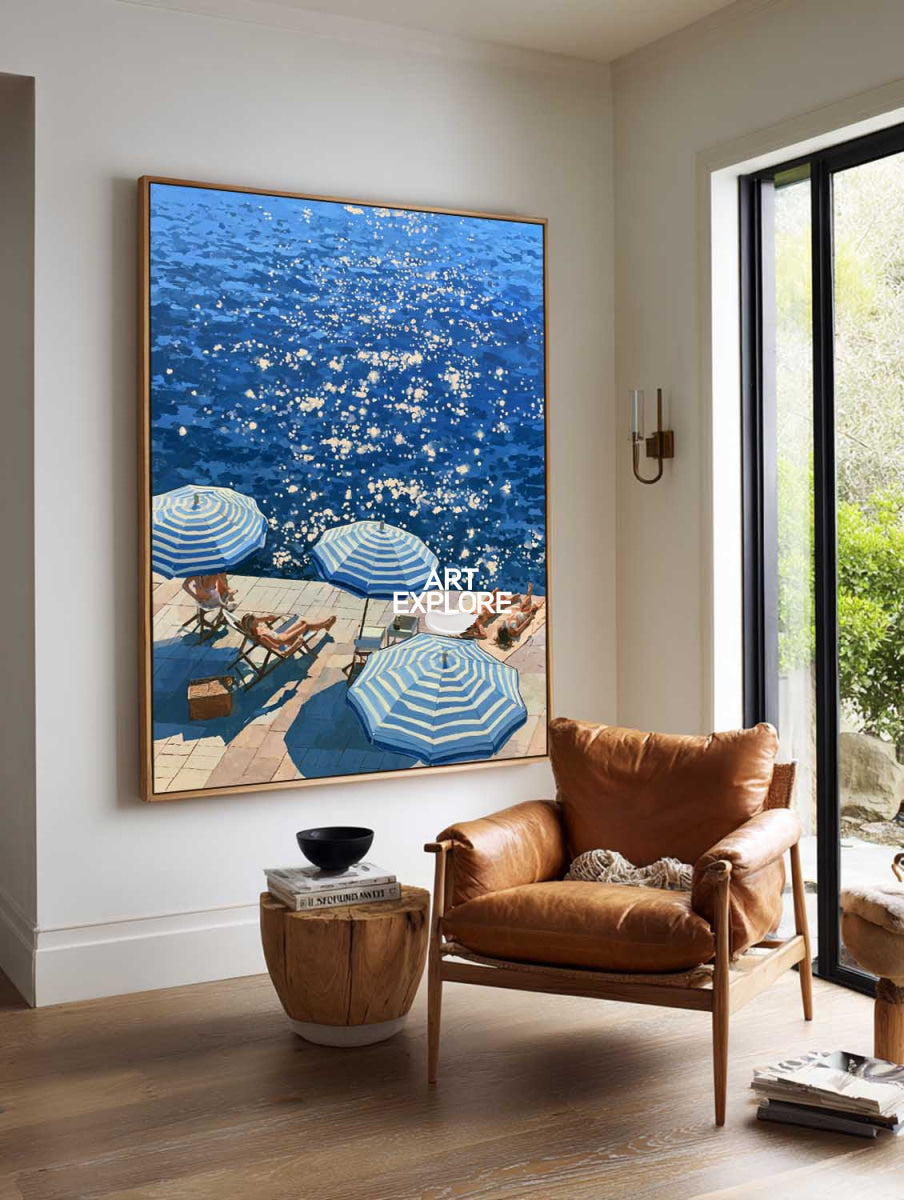Blue And White Beach Painting For Modern Coastal Living Room Summer Decor