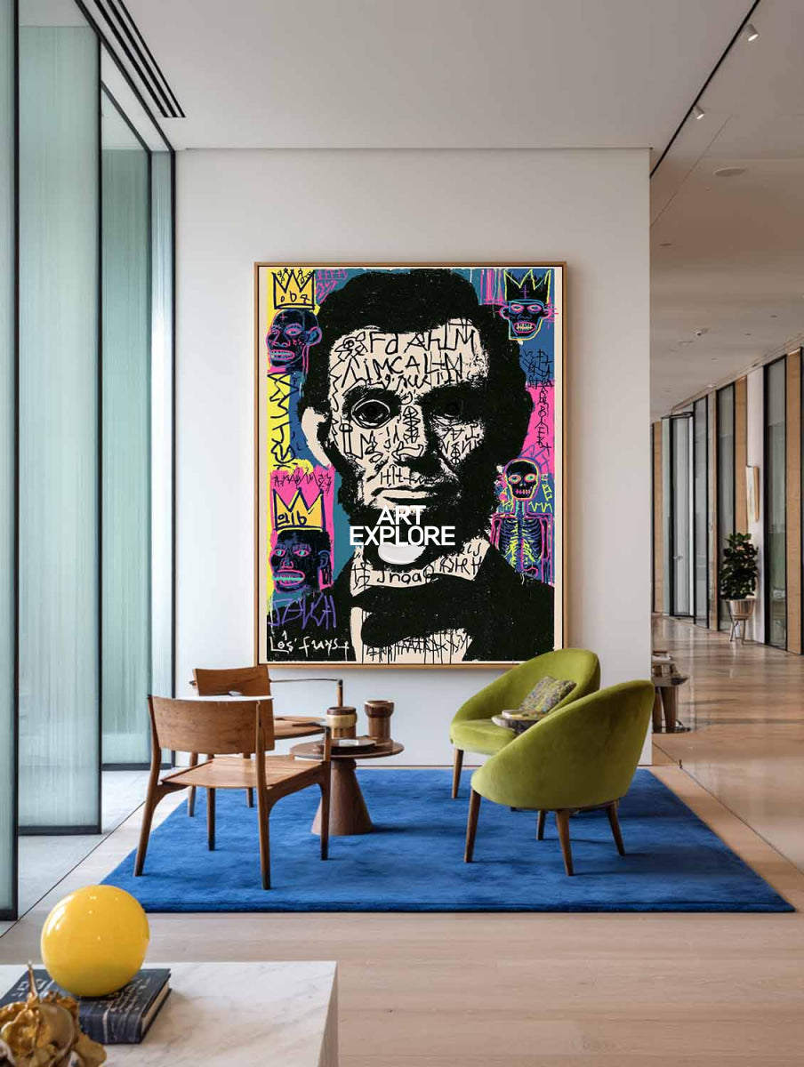 Hand-Painted Graffiti Lincoln Canvas Art With Black And Beige Tones