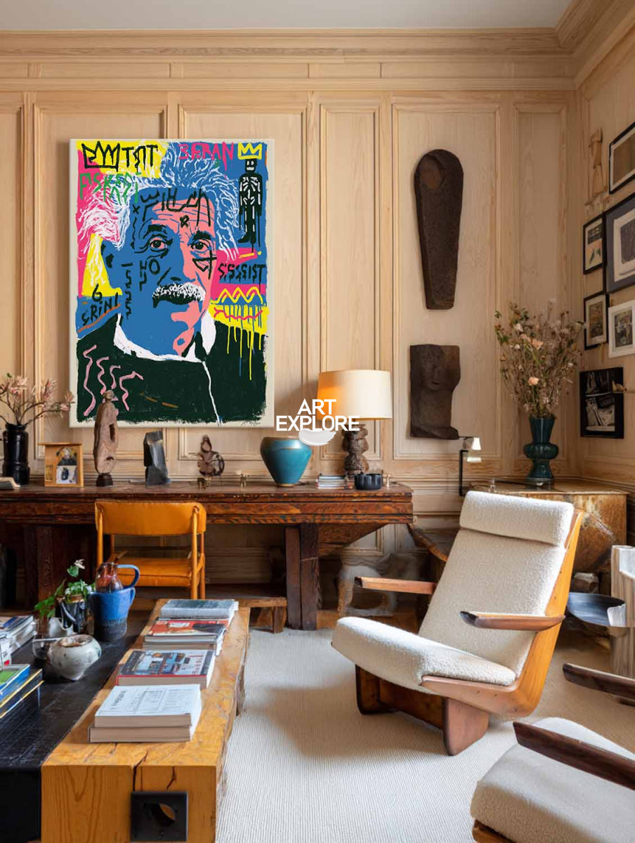 Einstein Graffiti Pop Art Canvas Painting Blue Pink Hand-Painted Wall Decor