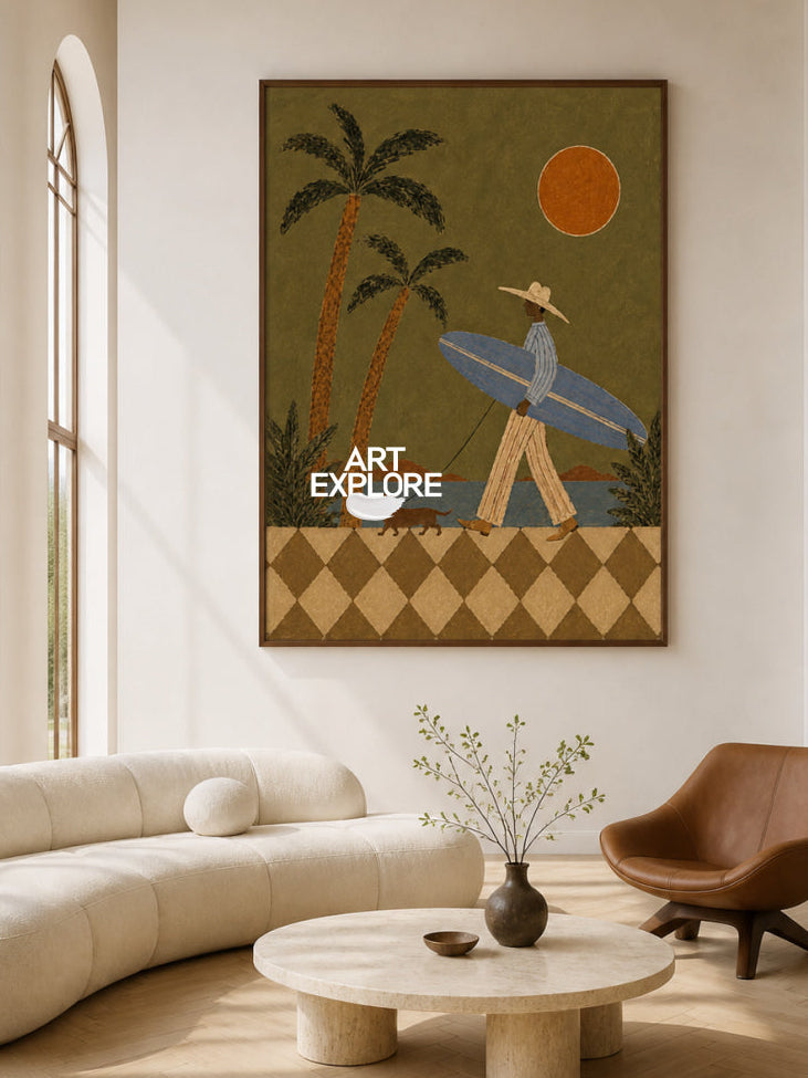 Green Folk Art Canvas Painting Retro Surfer Scene Handmade Decor