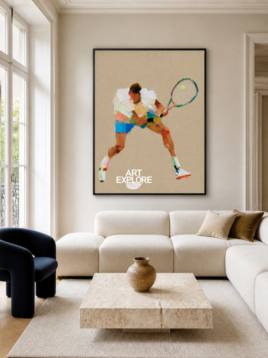Abstract Tennis Player Painting On Canvas With Earthy Tones For Game Room Decor