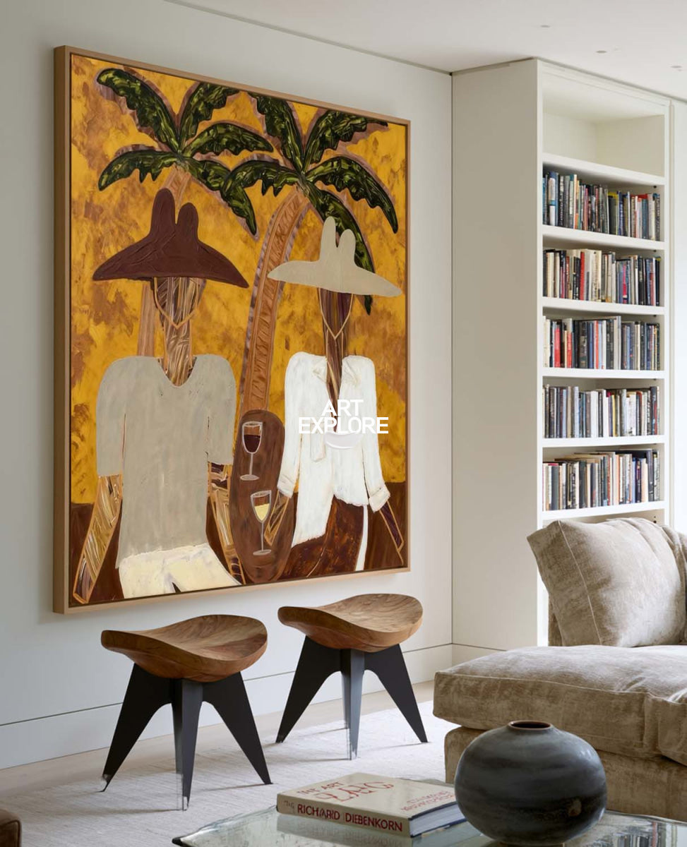 Tropical Minimalist Folk Art Painting Brown Green Beige Square Canvas Original Handmade