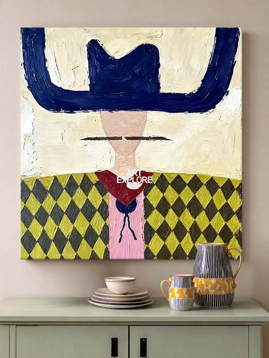 Minimalist Folk Art Painting With Geometric Cowboy In Yellow And Blue For Modern Home Decor