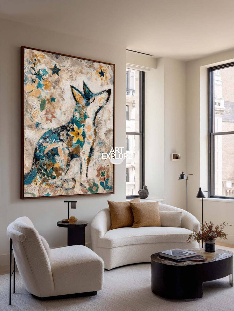 Modern Abstract Animal Art Beige And Blue Wolf Painting For Living Room Decor