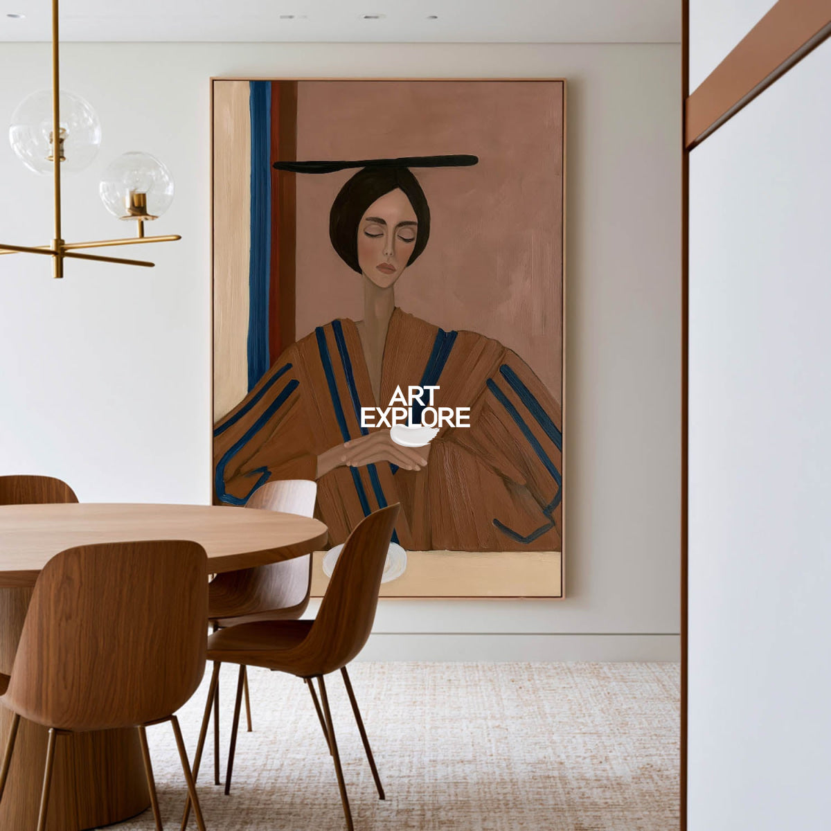 Modern Elegant Woman Portrait Canvas Painting In Brown And Blue Tones
