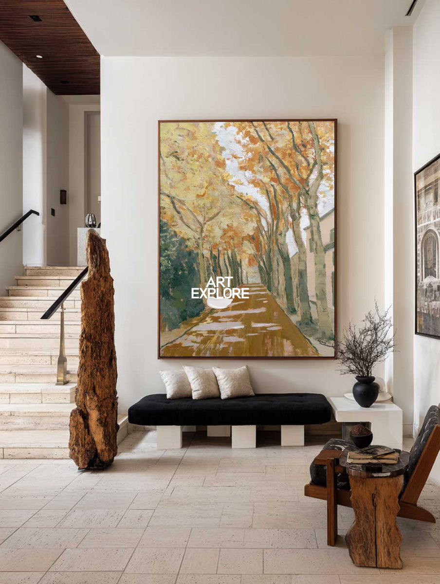 Abstract Tree Landscape Canvas Painting In Warm Gold And Brown Tones