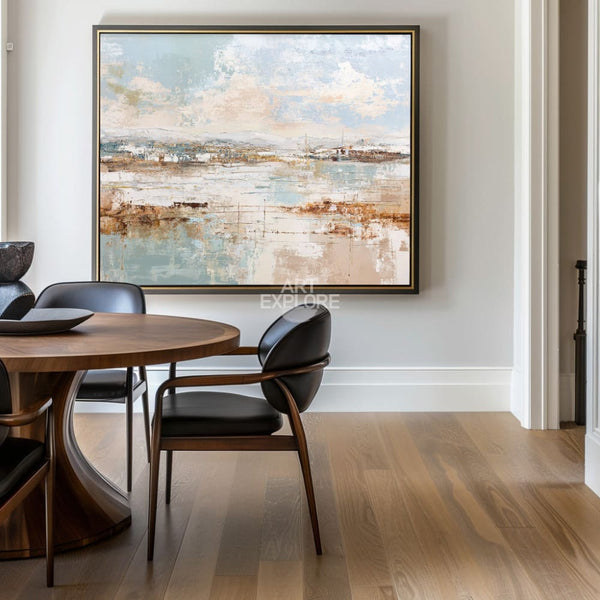 Muted Beige and Blue Painting | Large Cozy Horizontal Wall Art ArtExplore