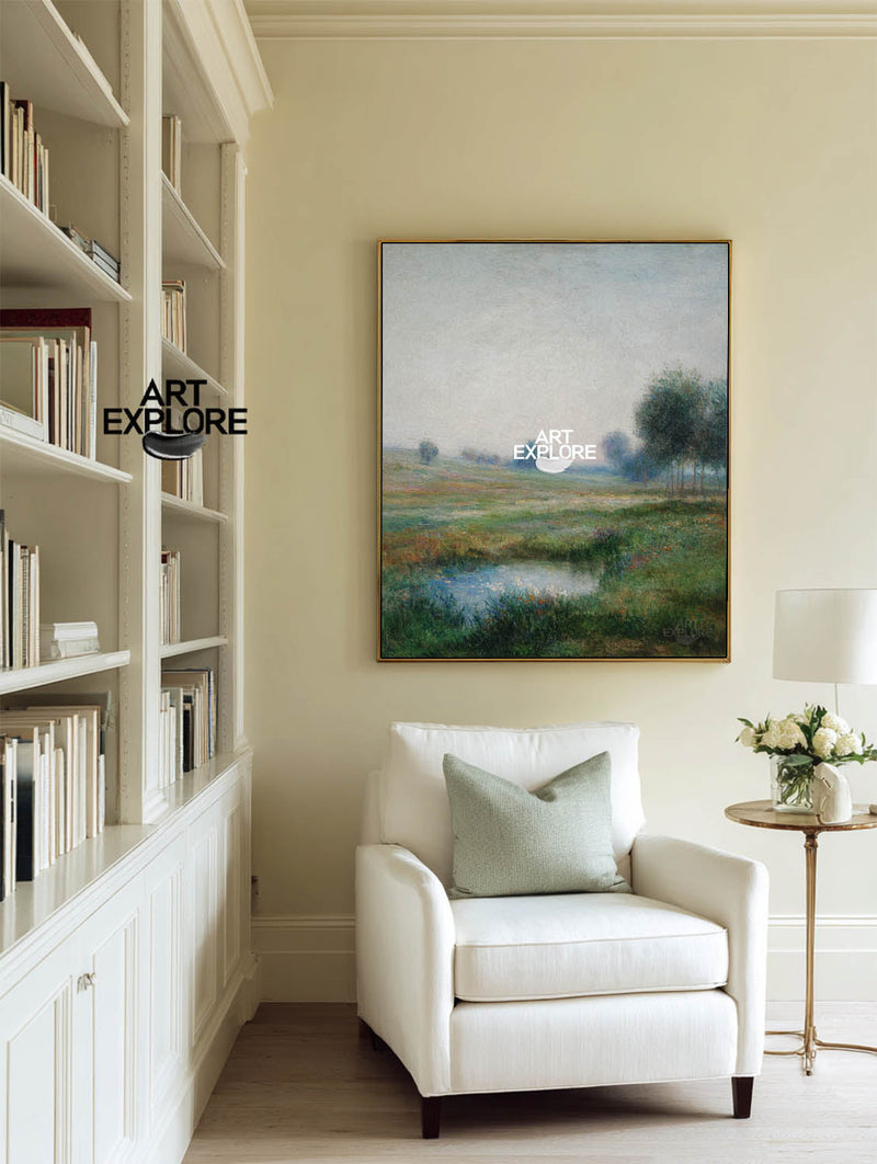 Muted Green Field Landscape Oil Painting | Vertical Wall Art by ArtExplore