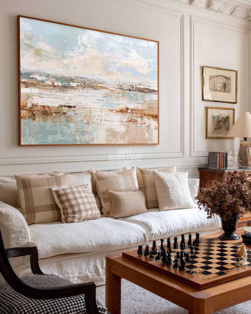 Muted Tone Textured Canvas | Large Handmade Beige & Blue ArtExplore