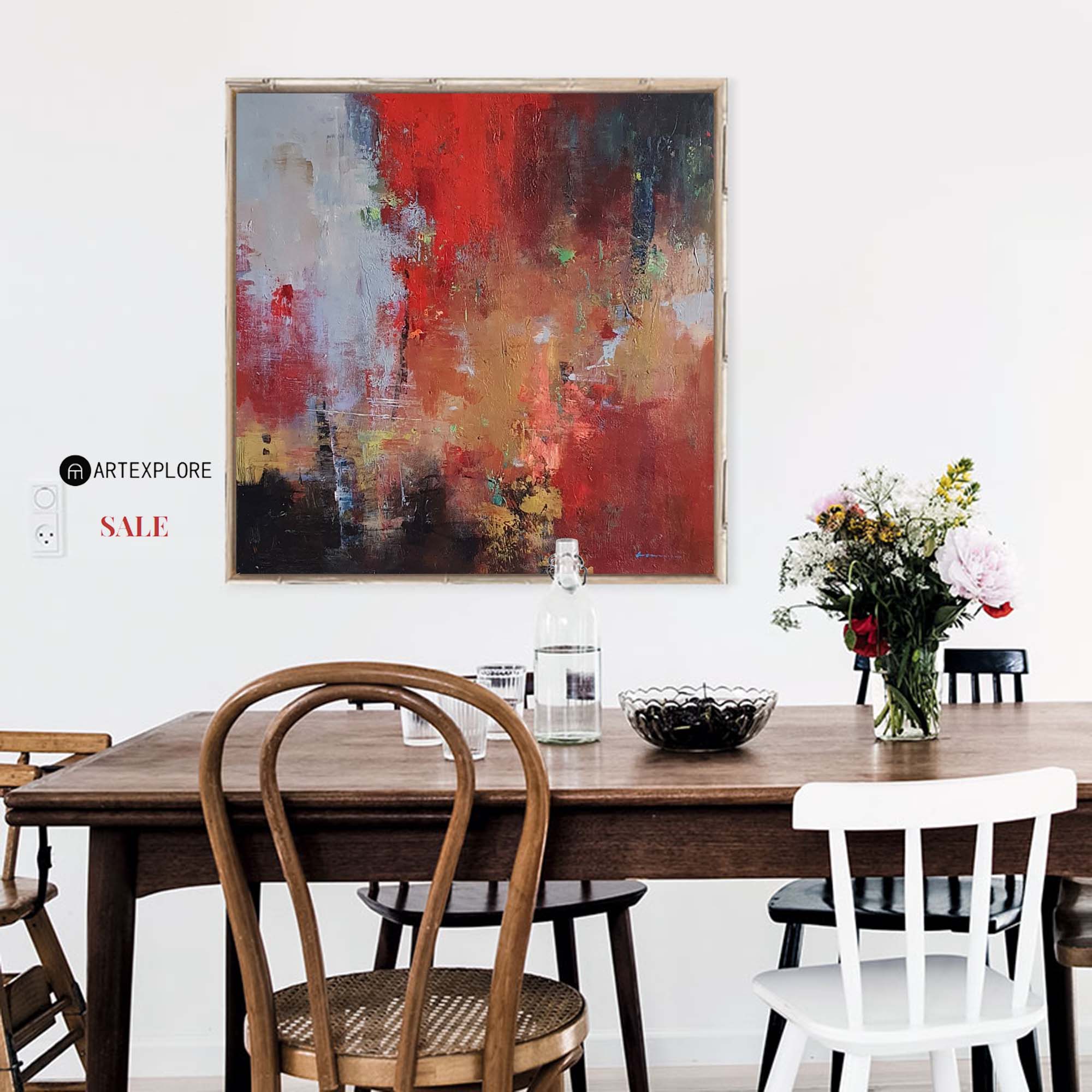 Modern Colorful Canvas Painting Red Tone Abstract Art Painting Red Square Canvas Painting 