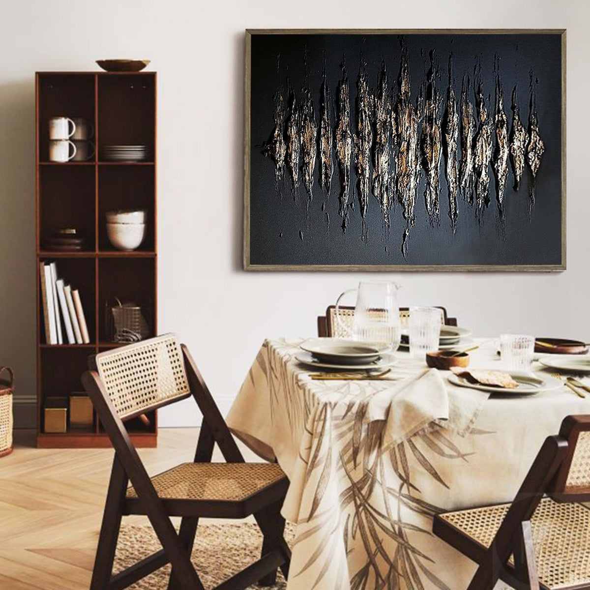 Black And Gold Abstract Painting Plaster Canvas Wall Art Modern Abstract Art Canvas Wall Art 