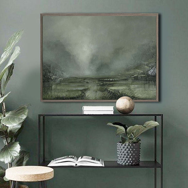 Green Textured Landscape Canvas Wall Art Pond View In The Rain Contemporary Landscape Wall Art
