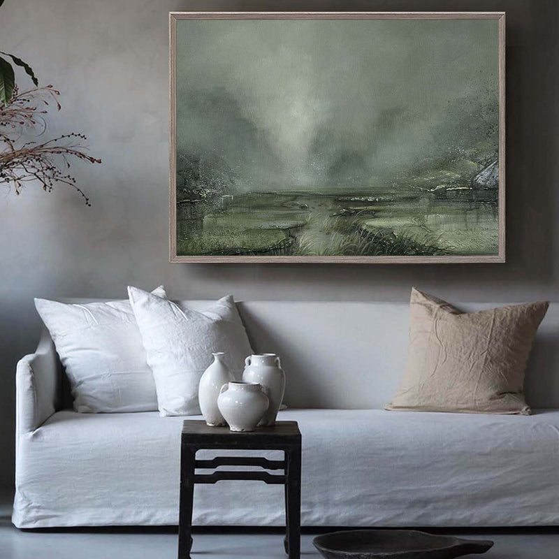 Green Textured Landscape Canvas Wall Art Pond View In The Rain Contemporary Landscape Wall Art