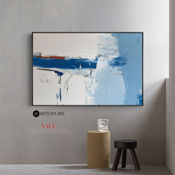 Blue Plaster Abstract Wall Art ,Blue Textured Wall Art, Large White Blue Abstract Painting