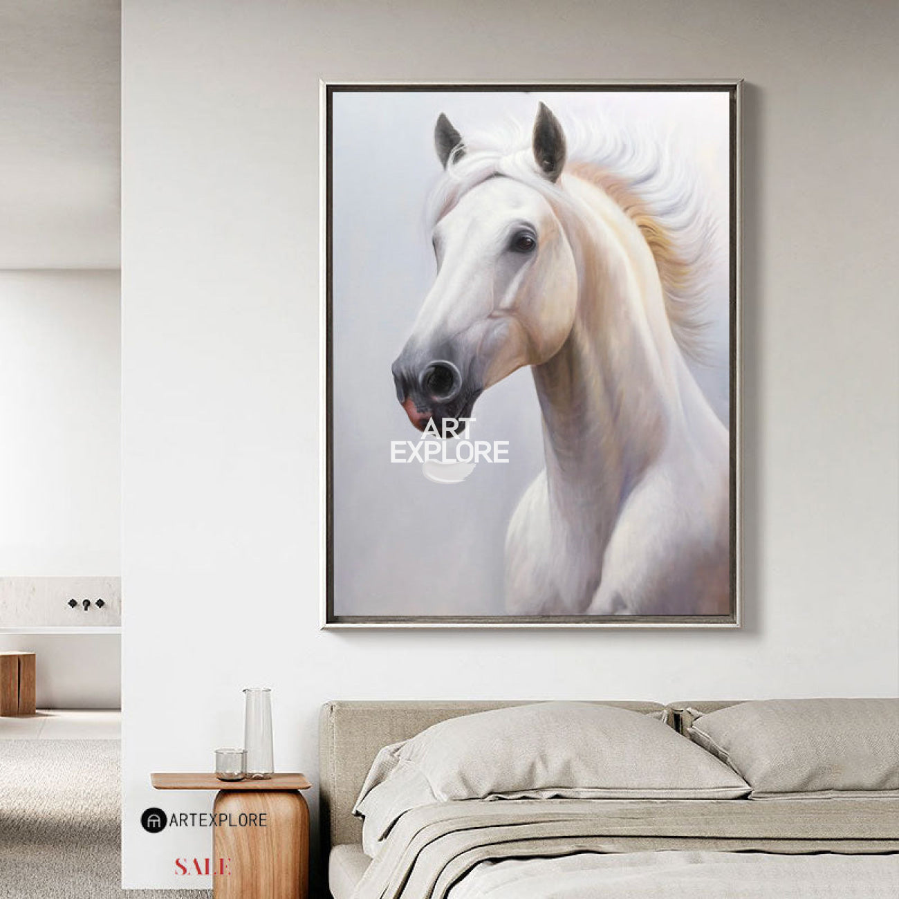 Modern White Horse Painting White Wild Horse Wall Art White Horse Canvas Artworks