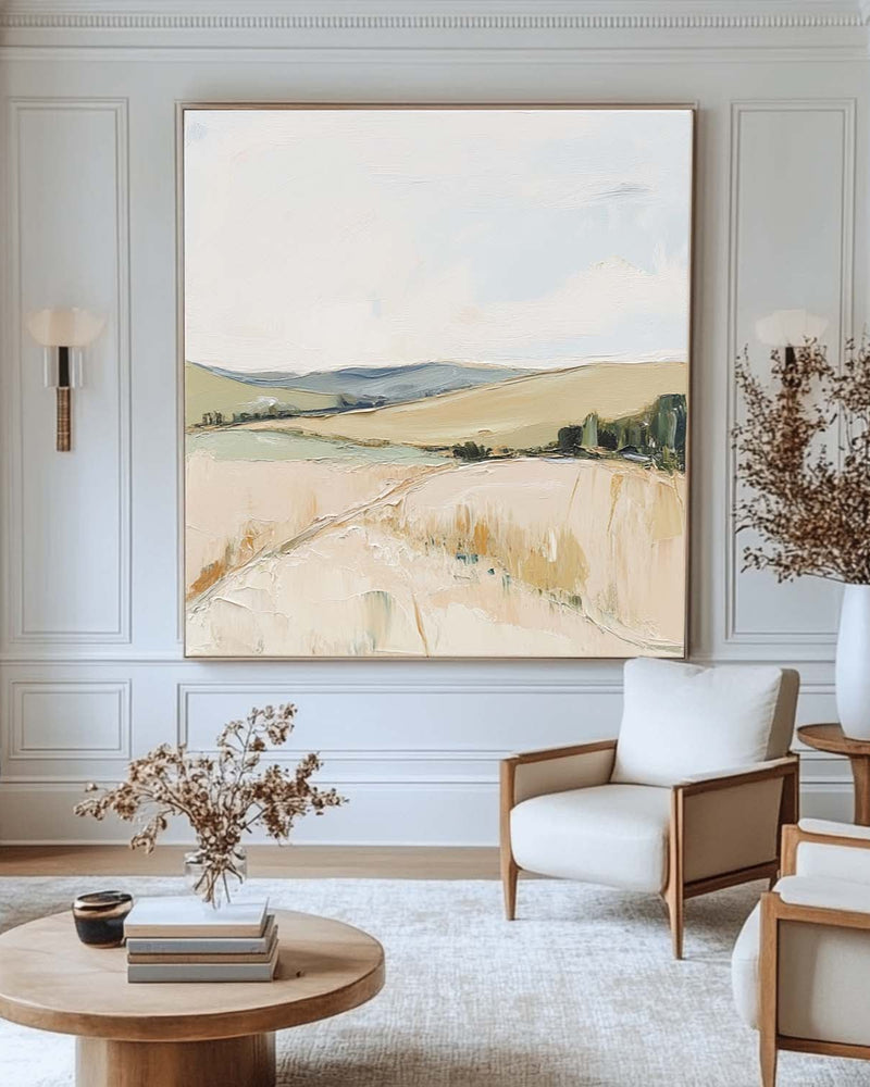 Natural Field Scenery Painting Beige Landscape Texture Wall Art Large Beige Livingroom Painting