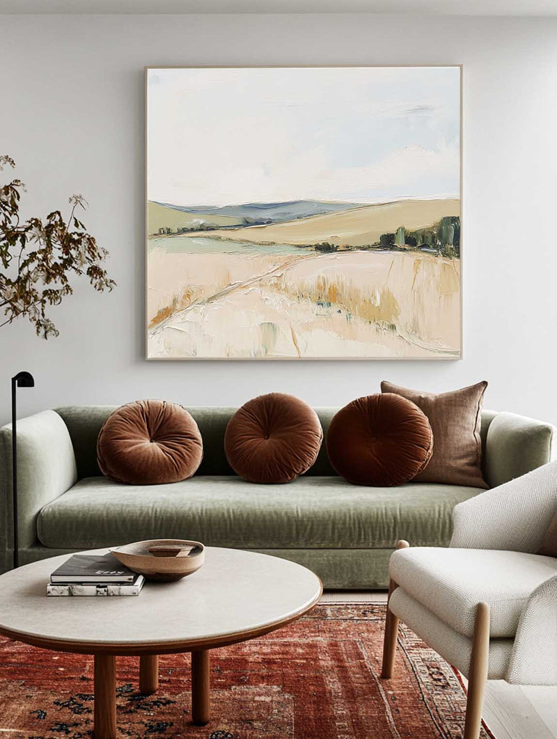 Natural Field Scenery Painting Beige Landscape Texture Wall Art Large Beige Livingroom Painting
