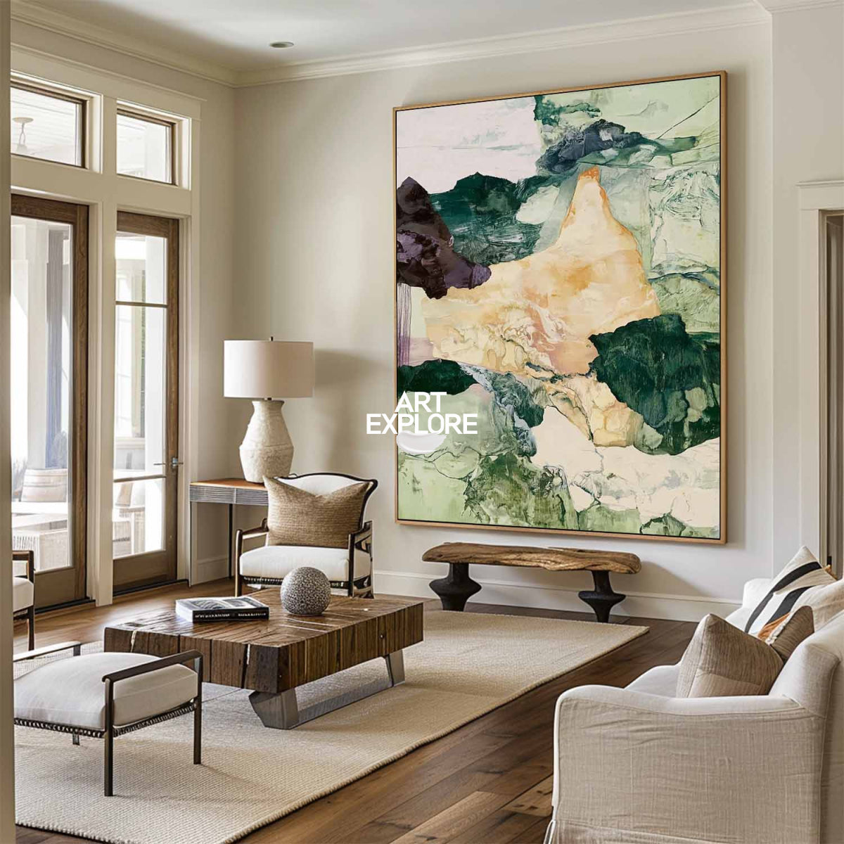 Modern Green And Beige Abstract Canvas Art Hand-Painted Textured Wall Piece