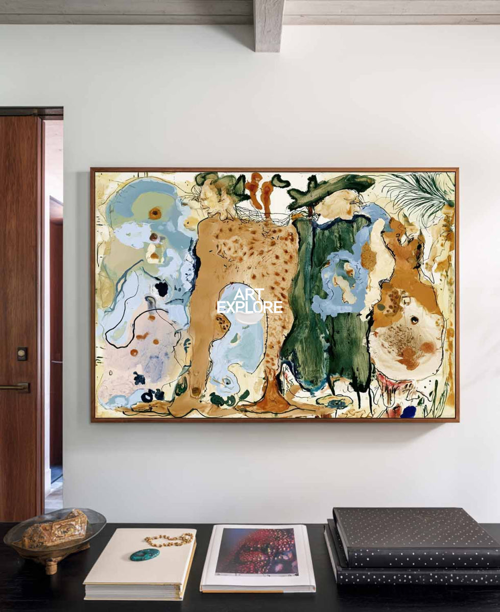 Abstract Brown And Green Canvas Painting With Blue Accents Hand-Painted Wall Art