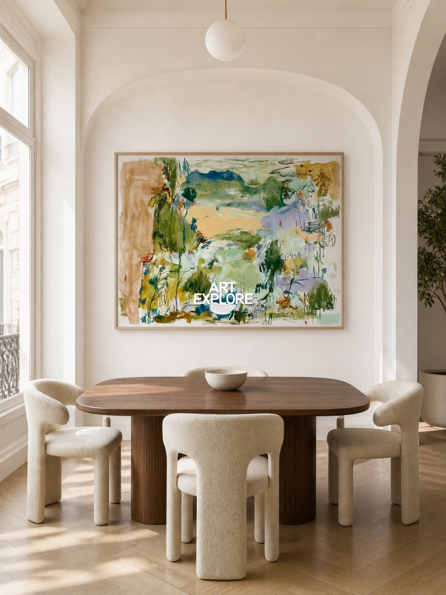 Abstract Green Landscape Canvas Painting Hand-Painted Wall Art With Blue And Beige Tones