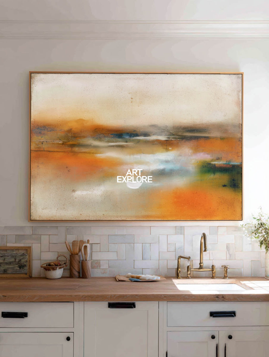 Large Abstract Landscape Painting In Brown And Amber Tones For Modern Living Room Decor