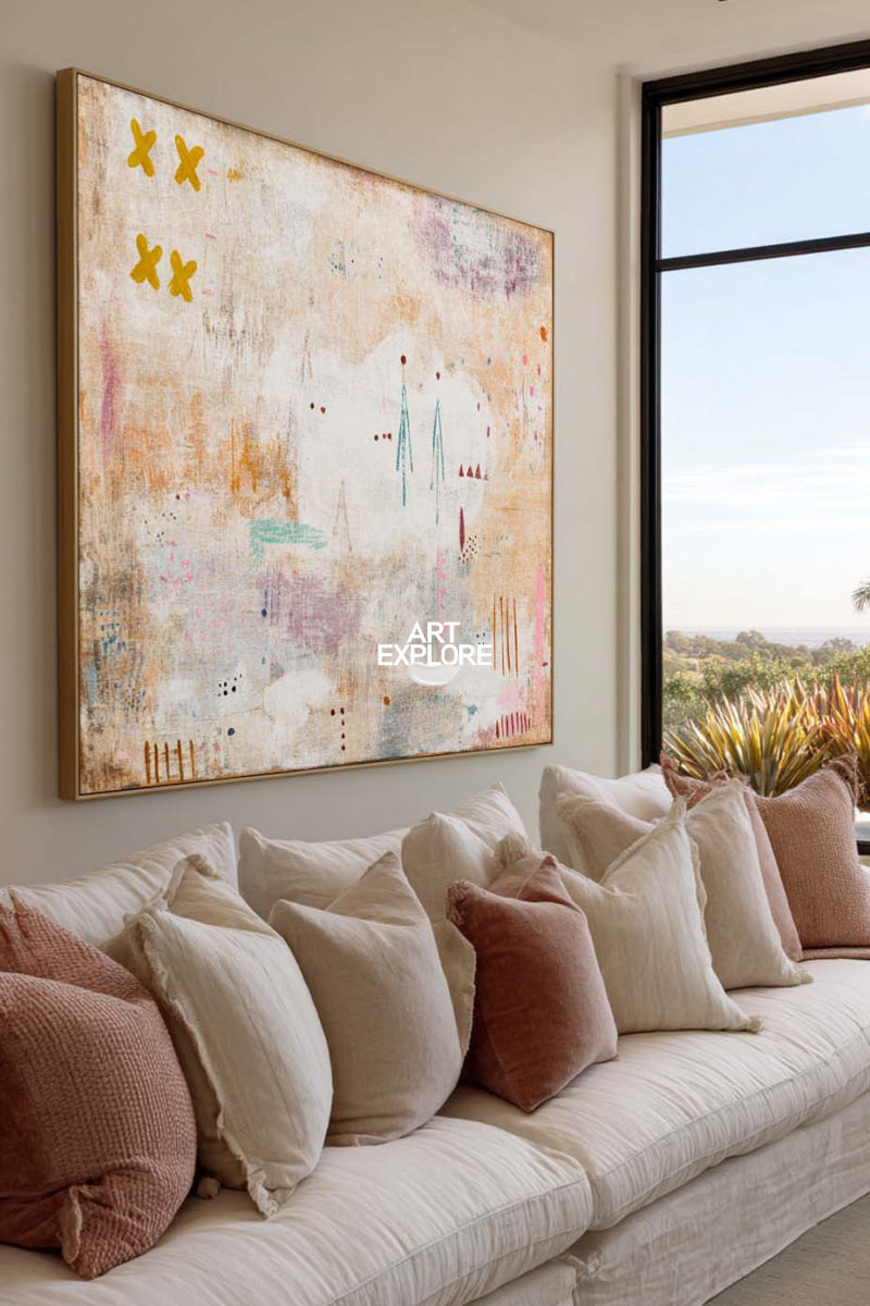 Large Abstract Beige Painting With Pink Accents For Modern Living Room Decor