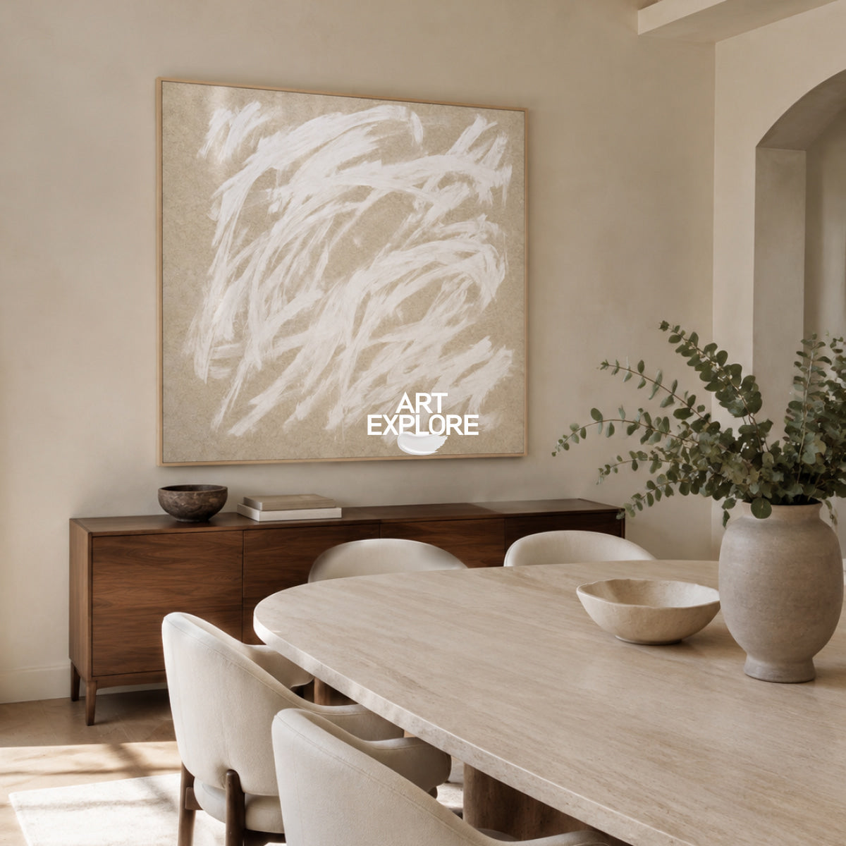 Original Abstract Minimalist Painting With Textured Beige And White Tones