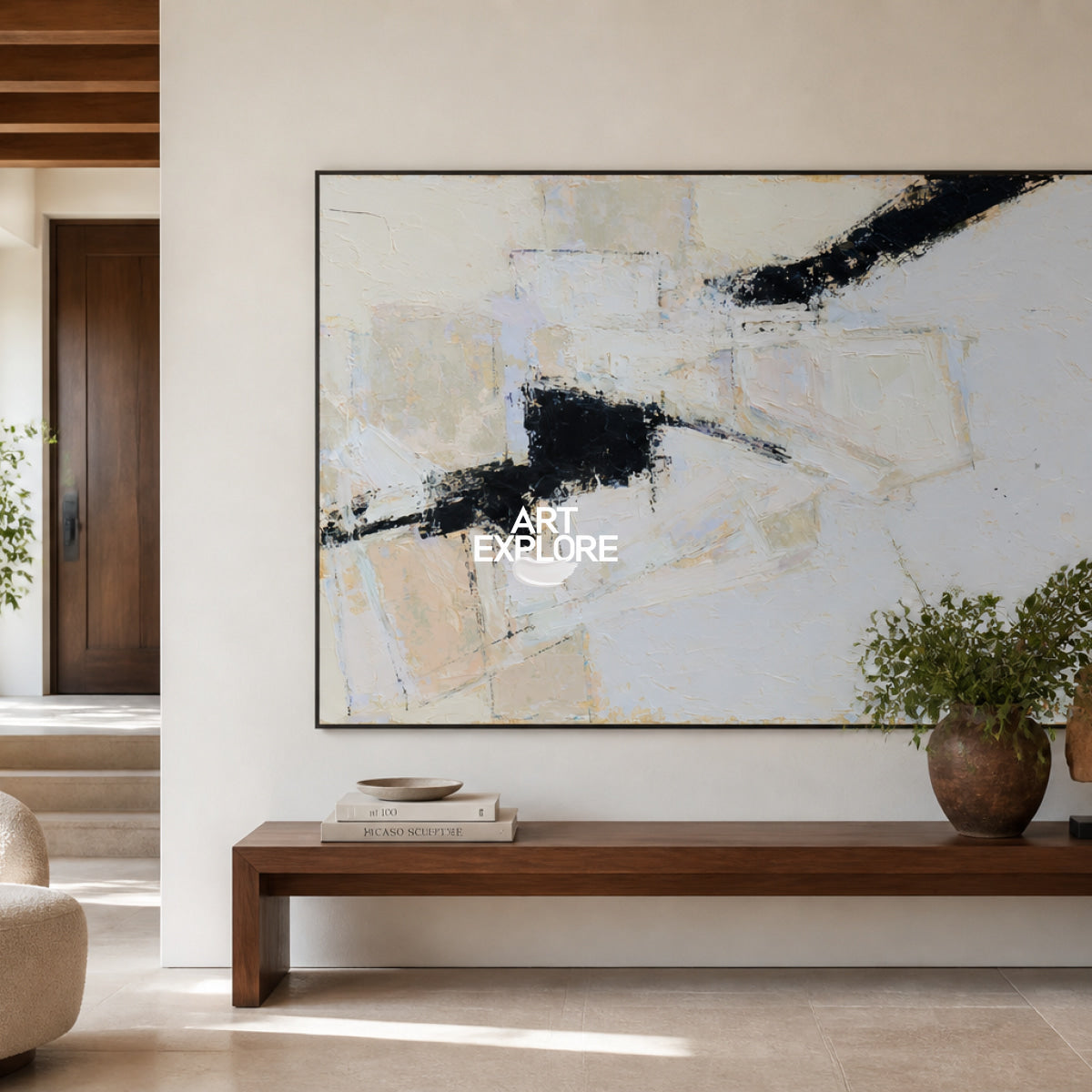 Modern Minimalist Abstract Painting With Textured Brushstrokes In Neutral Colors