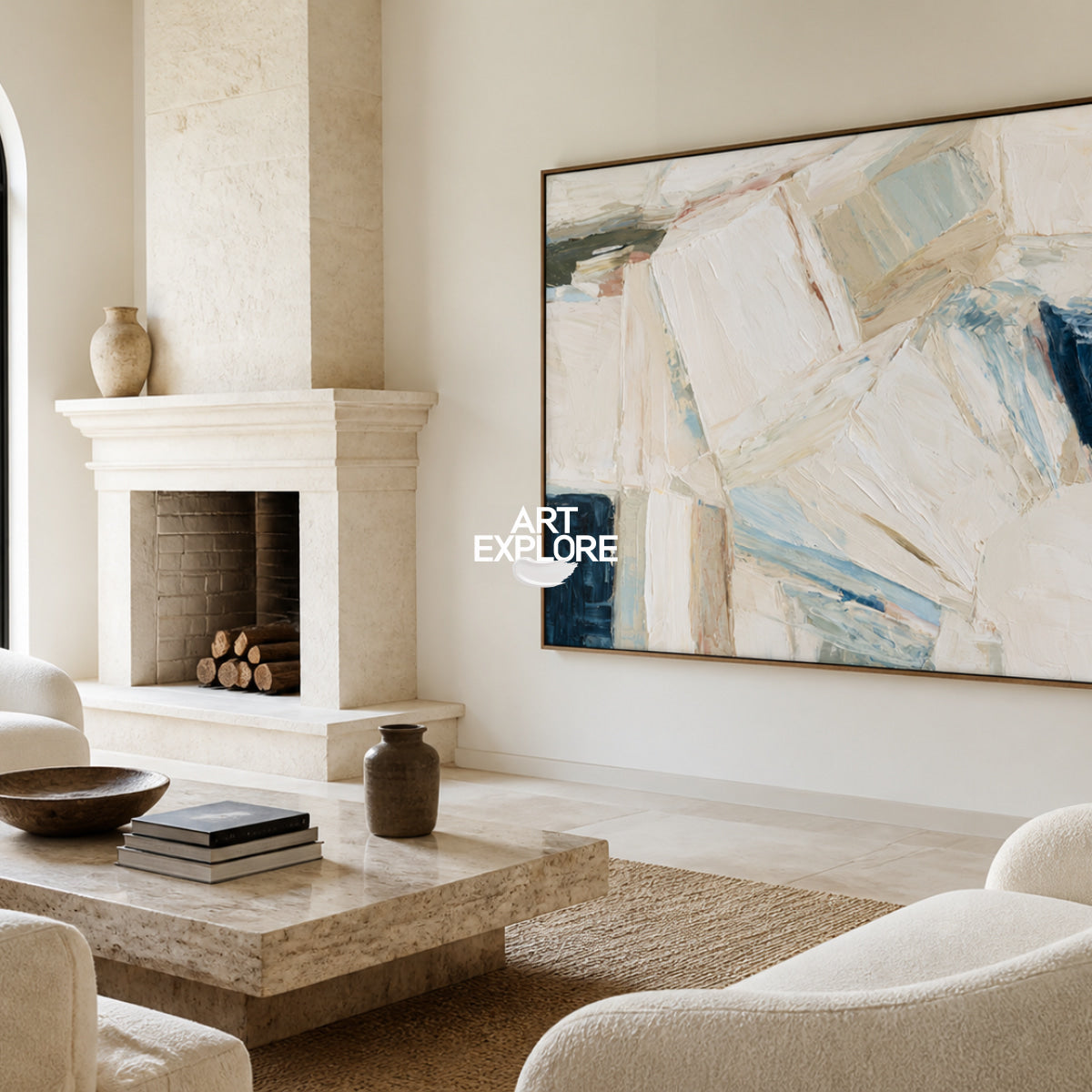Abstract Beige And Blue Canvas Painting With Textured Impasto Strokes