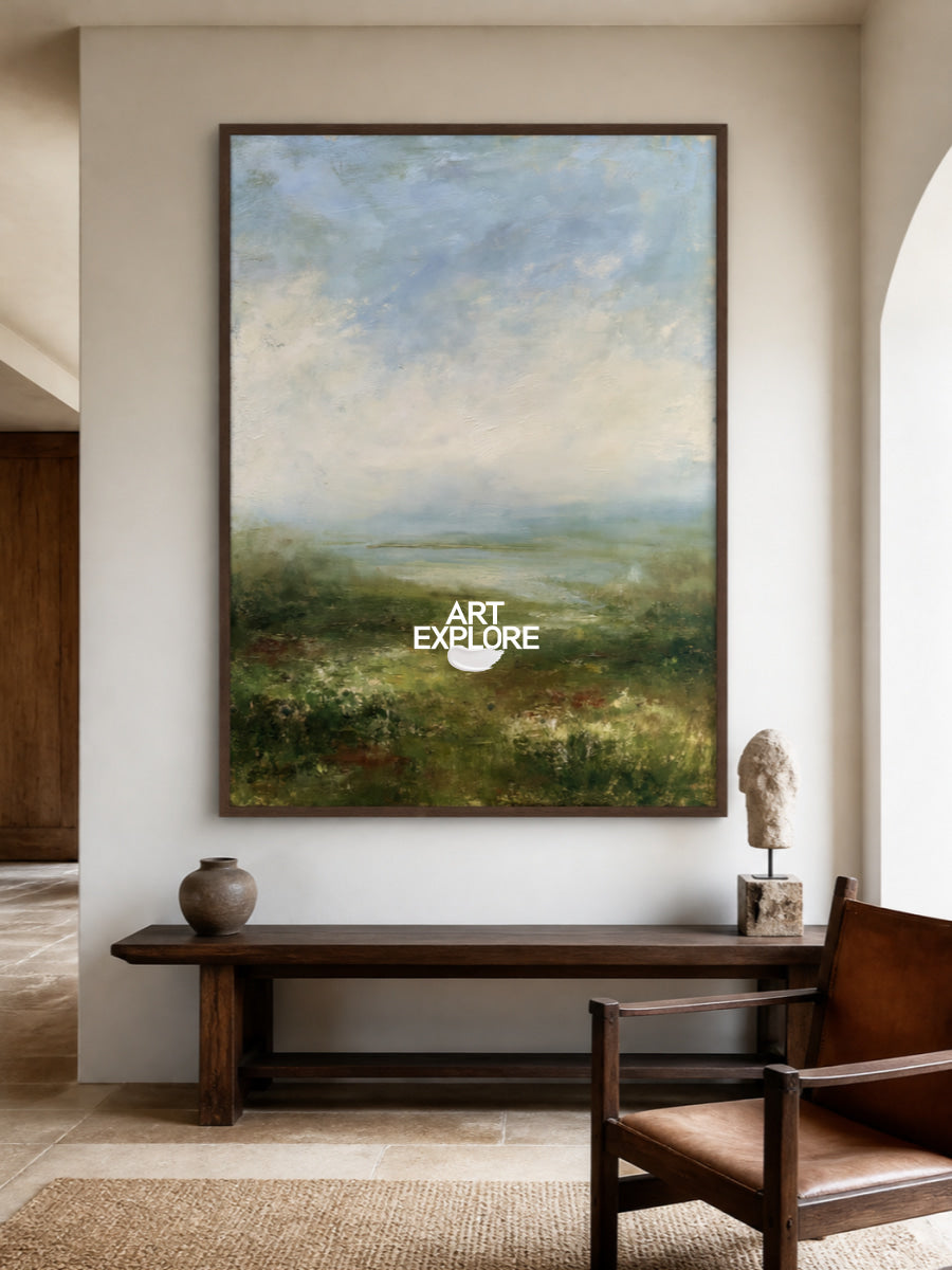 Misty Green Coastal Landscape Hand-Painted Canvas Art For Modern Home