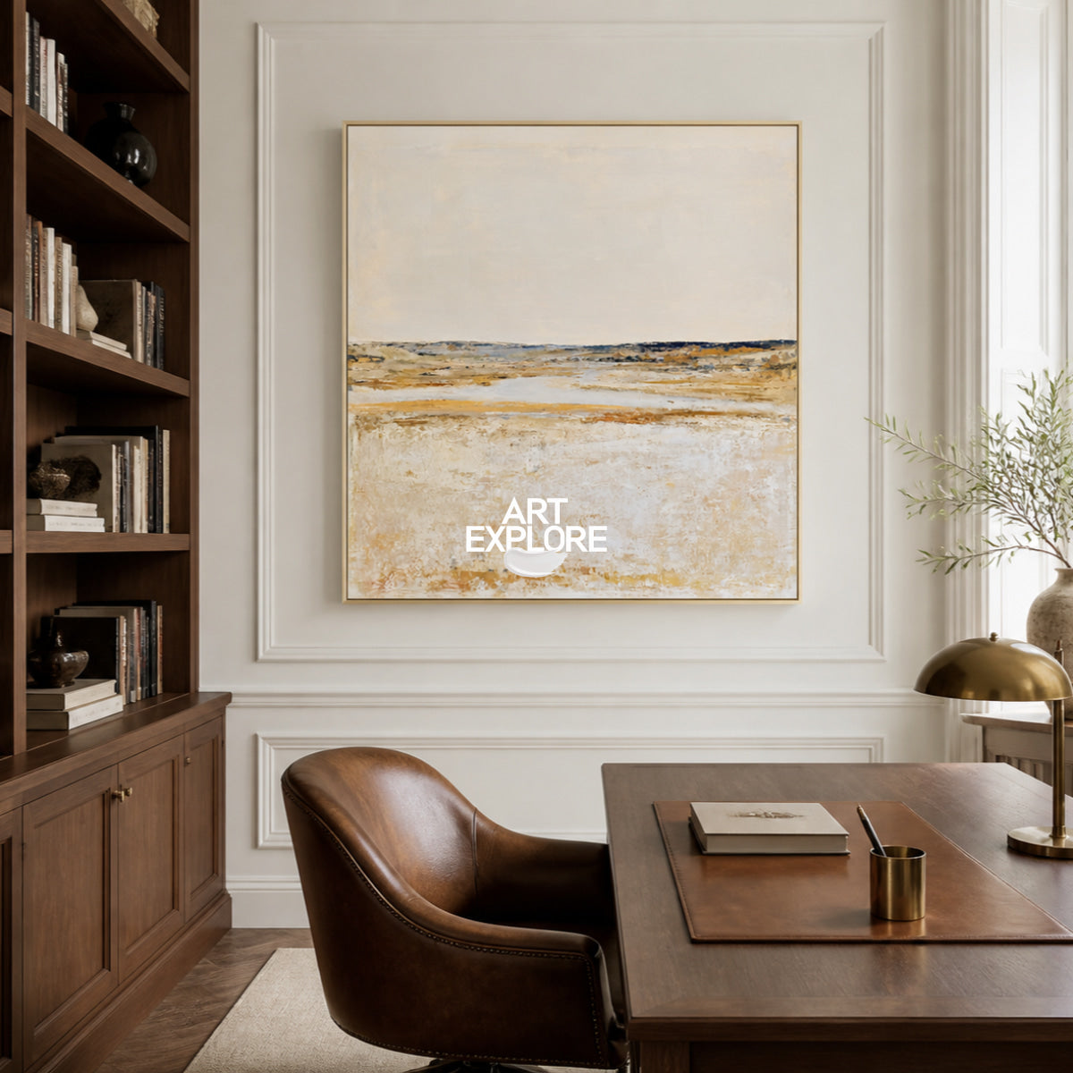 Abstract Horizon Landscape Canvas Painting In Beige And Brown Tones