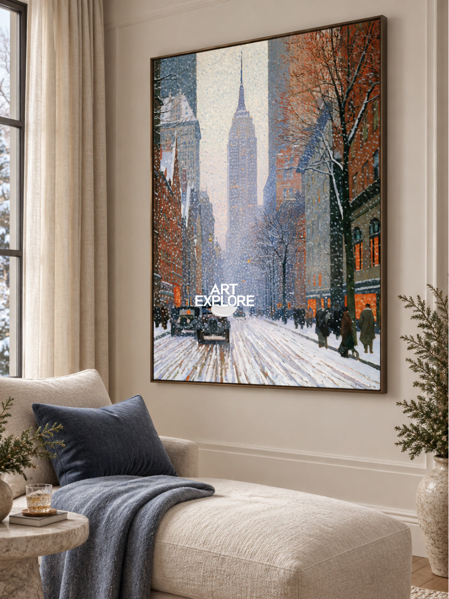 Vintage NYC Snow Street Painting With Empire State Building