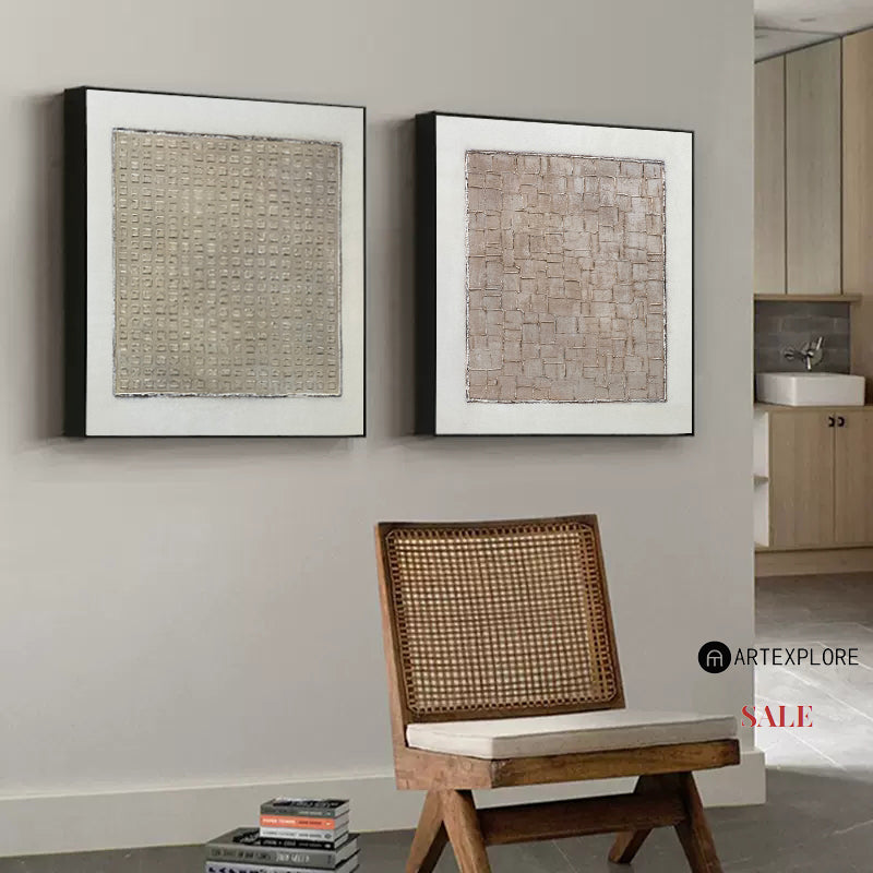 Wabi-sabi Beige Minimalist Art Set of 2 Beige Texture Art Square Minimalist Art For Livingroom