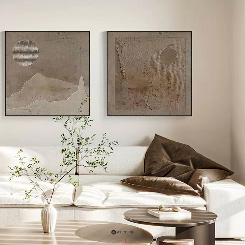 Wabi-Sabi Brown Plaster Painting Abstract Art 2 Pieces Minimalist Painting Set of 2 Plaster Painting