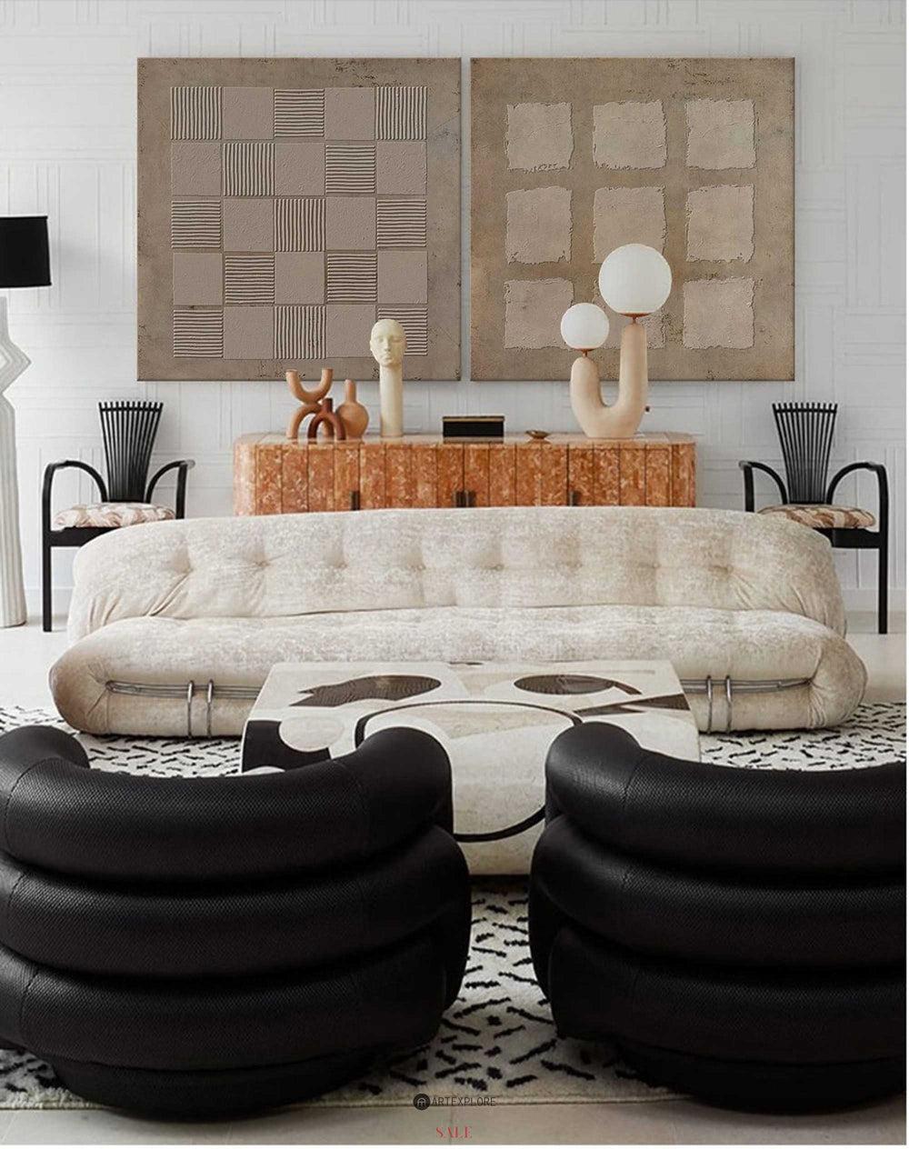 Wabi-Sabi Brown Abstract Art 2 Pieces Minimalist Painting Plaster Painting Square Framed Art