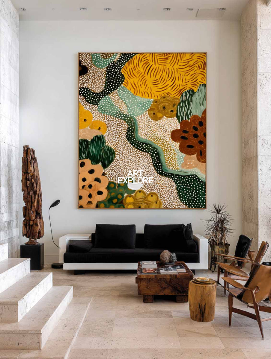 Hand Painted Folk Abstract Art With Green And Yellow Tones For Modern Living Room Decor