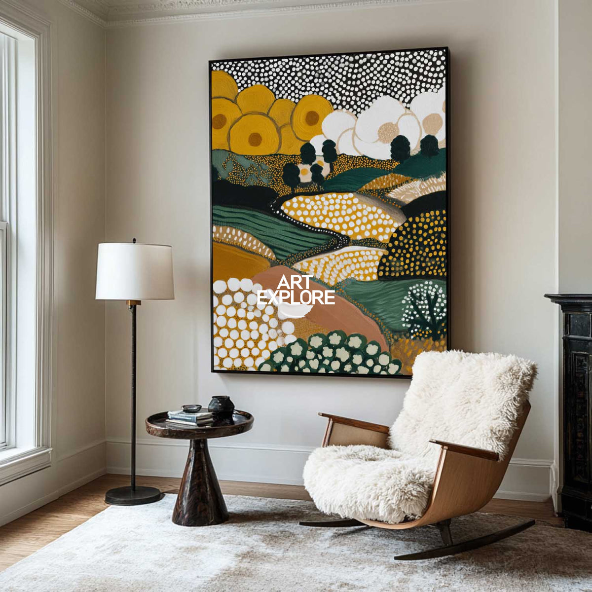 Modern Abstract Landscape Art With Spot Patterns In Earth Tones For Living Room Decor