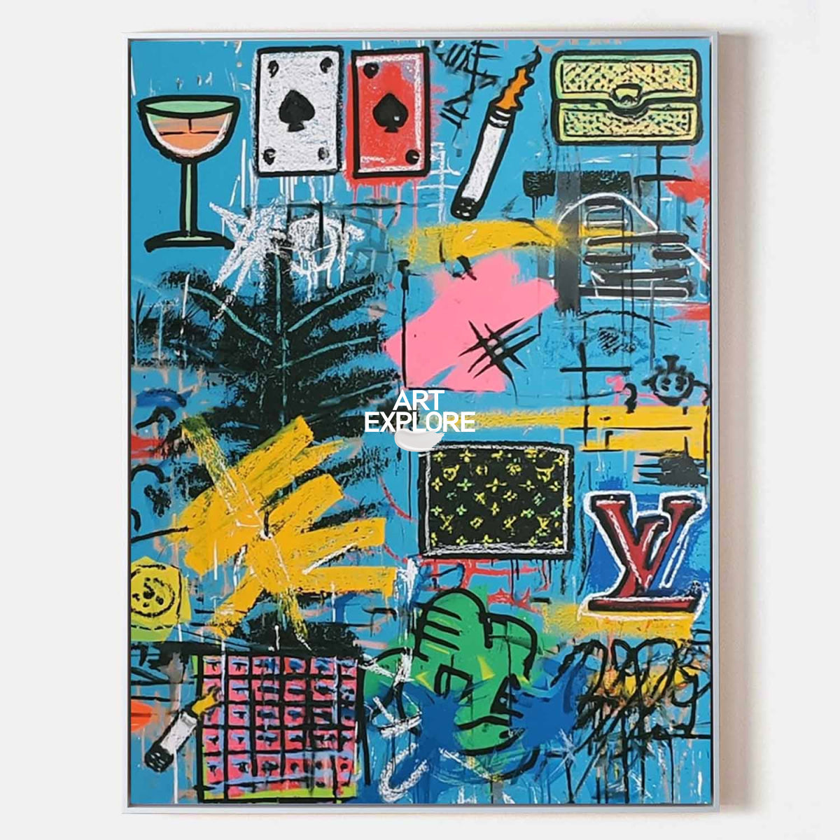 Original Blue Graffiti Art With Pop Culture Icons For Modern Living Room Decor