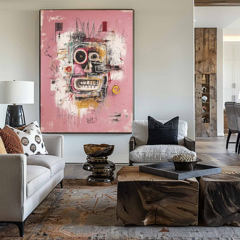 Original Pink Graffiti Paintings Large Basquiat Handcrafted Wall Art Modern Graffiti Art for Living Room