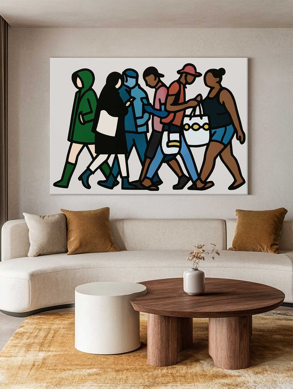 Original Pop Art Painting – Diverse Crowd Scene, Modern Minimalist Style for Large Space Wall Decor