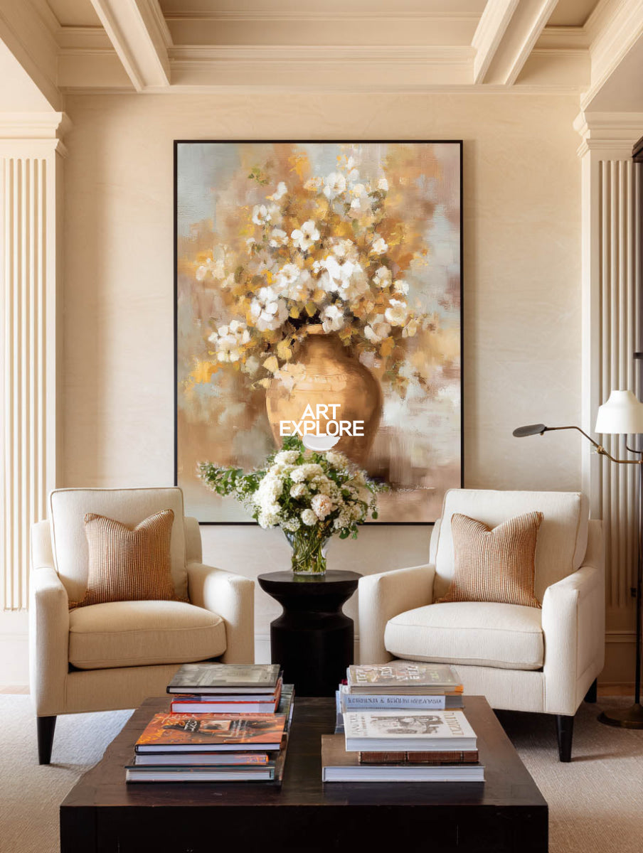 Luxury Abstract Floral Painting Warm Beige Gold Canvas Art For Living Room Decor