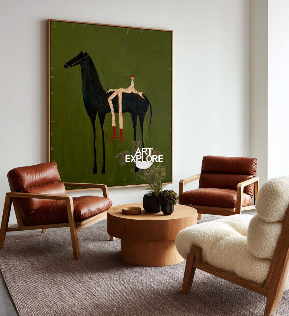 Minimalist Horse Painting Green Abstract Folk Art Canvas For Modern Home Decor