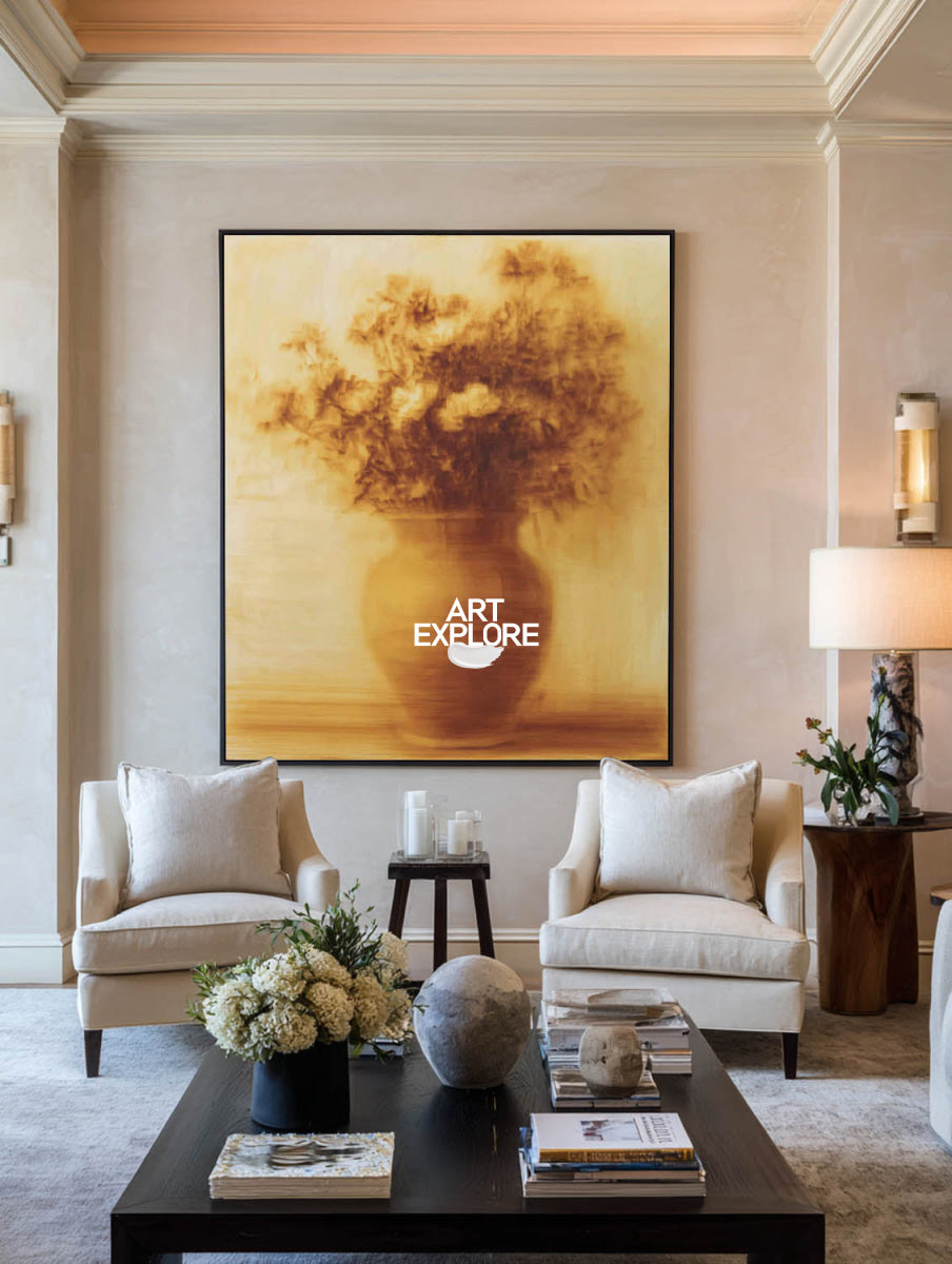 Textured Floral Canvas Art In Vintage Gold Style For Entryway Or Dining Room