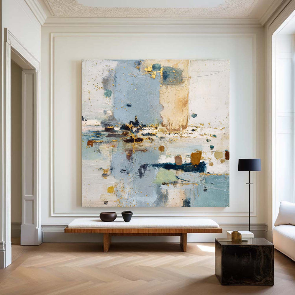 Oversized Abstract Blue Painting with Gold Accents – Perfect for Large Room Décor