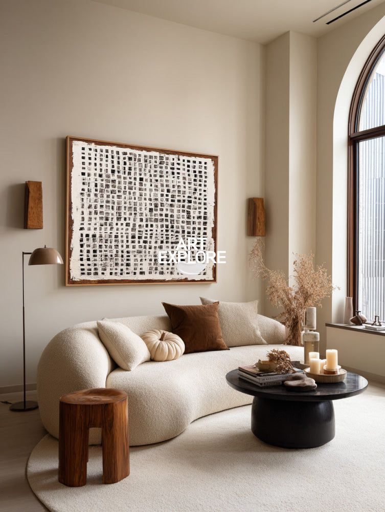 Oversized Hand-Drawn Geometric Grid Painting Wall Art
