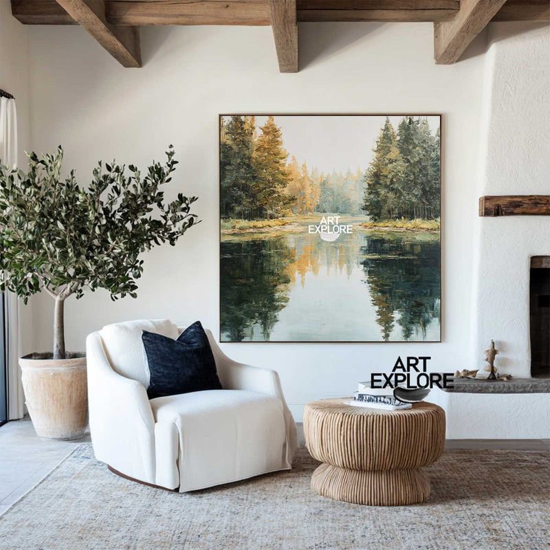 Oversized Lake & Forest Painting – Modern Nature Wall Art for Home | ArtExplore