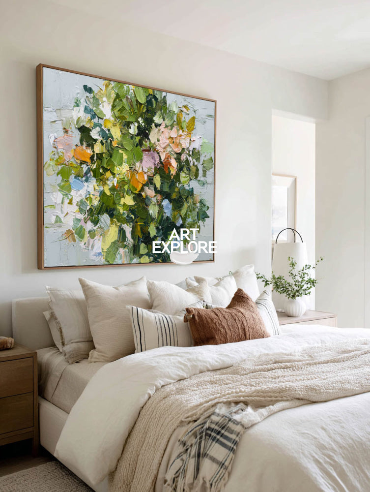 Oversized Olive Green Expressionist Painting Custom 3D Nature Decor